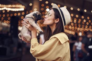 young woman kissing bull dog puppy