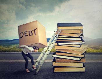 Young woman carries box that represents her student debt