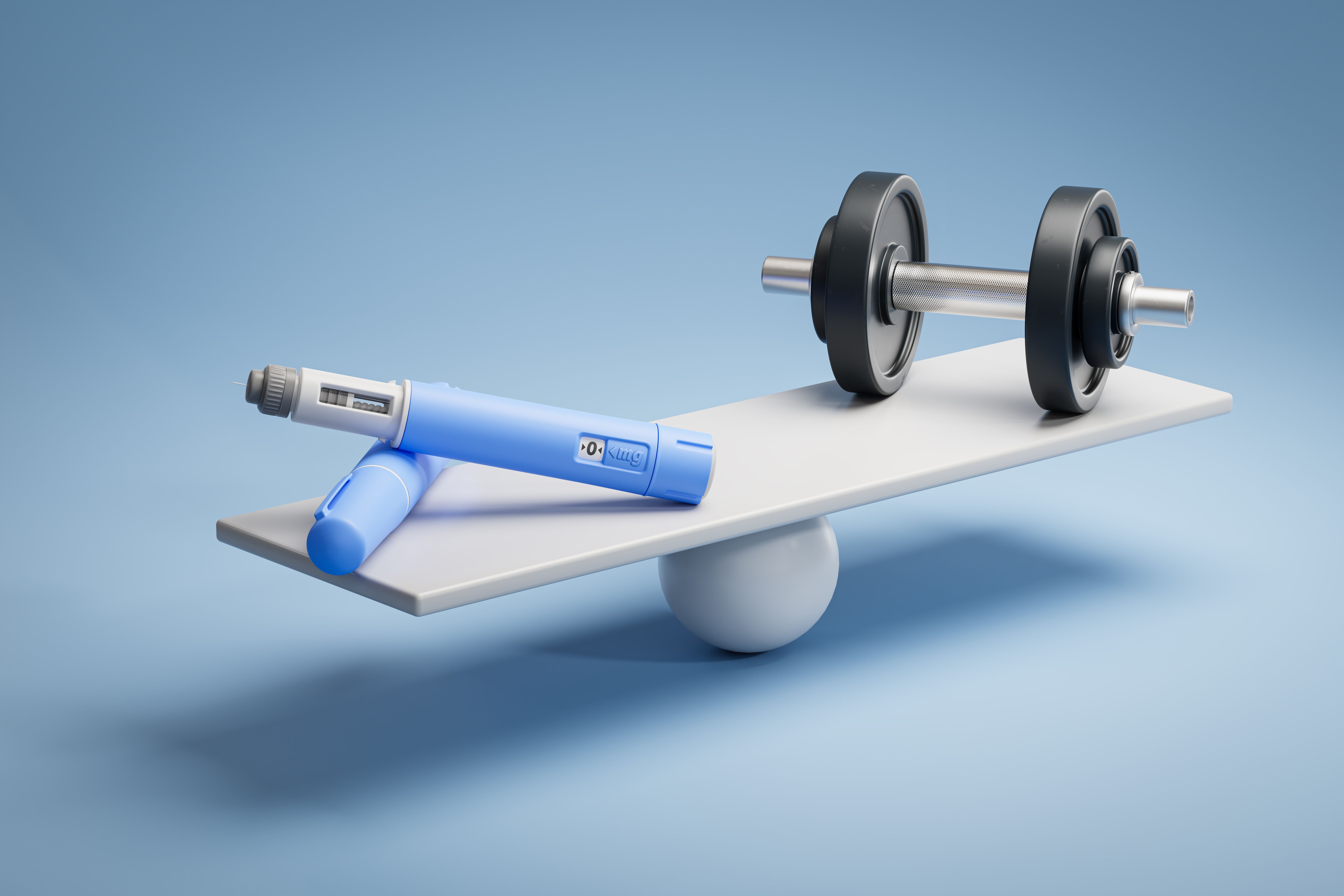 GLP-1 RA Stock Image featuring injector and free weights | Credit: AdobeStock