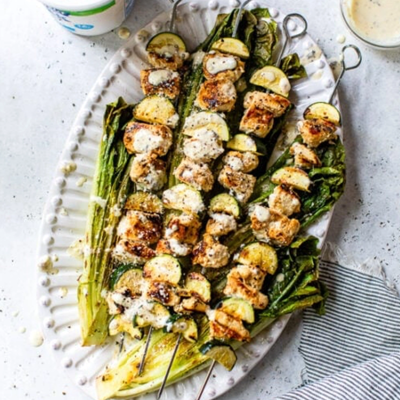 Grill Season Upgrade: Caesar-Marinated Chicken Kabobs With Grilled Romaine