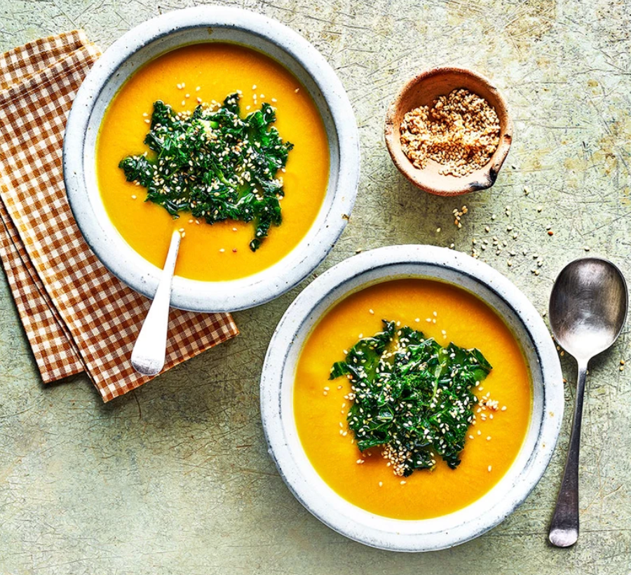 Cozy Miso and Butternut Soup With Sesame Ginger Kale