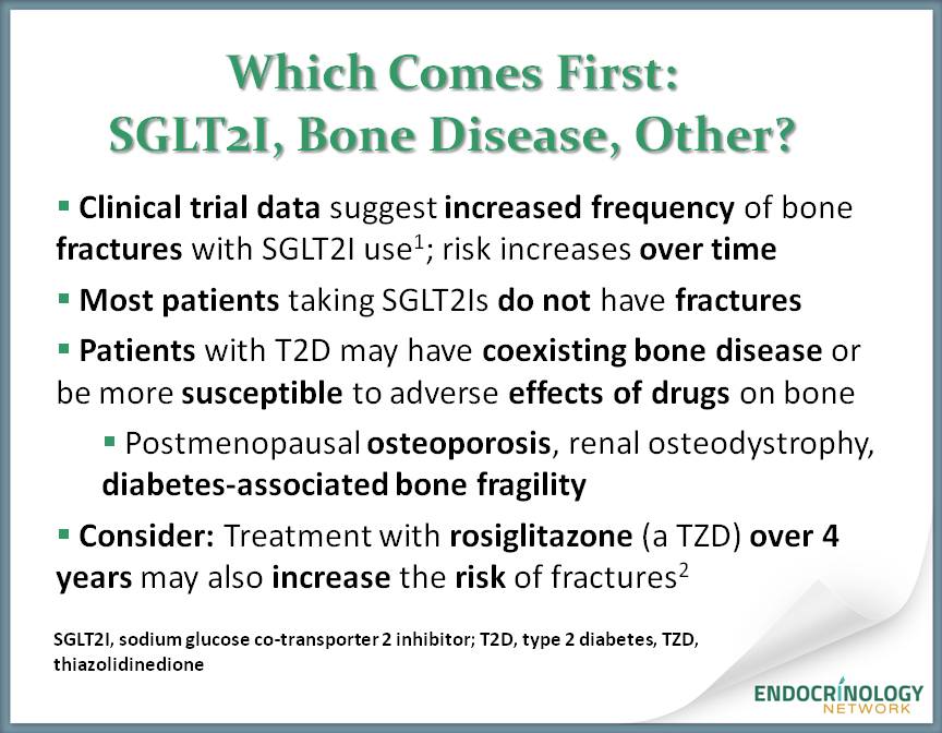 Clinical trials suggest increased frequency of bone fractures with SGLT2Is.