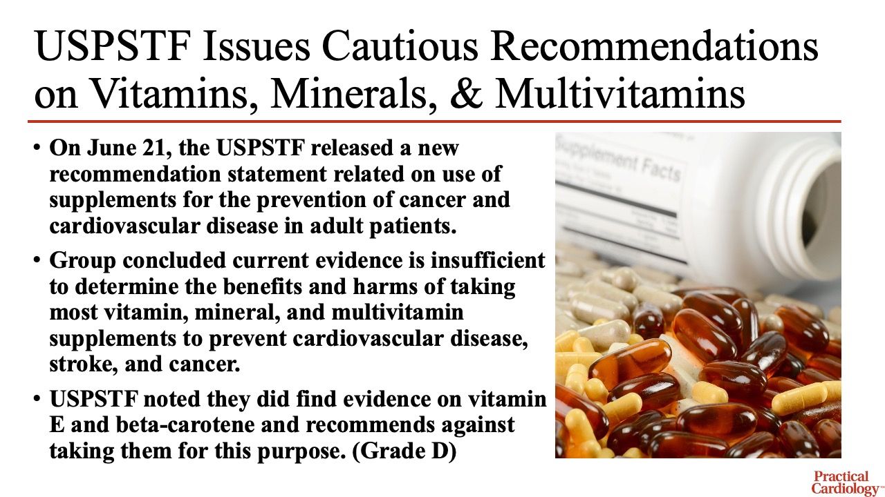 Summary of USPSTF recommendations on vitamin, multivitamin, mineral use.