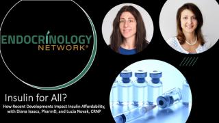 Collage containing a photo of insulin and guest speakers for video. Text reads Insulin for all? How recent developments impact insulin affordability.