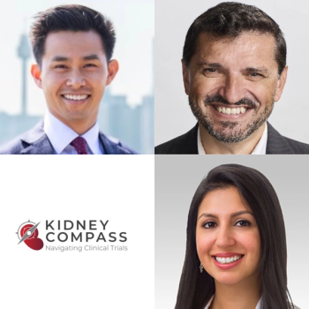 Kidney Compass default thumbnail with podcast logo and headshots of hosts Brendon Neuen and Shikha Wadhwani.  