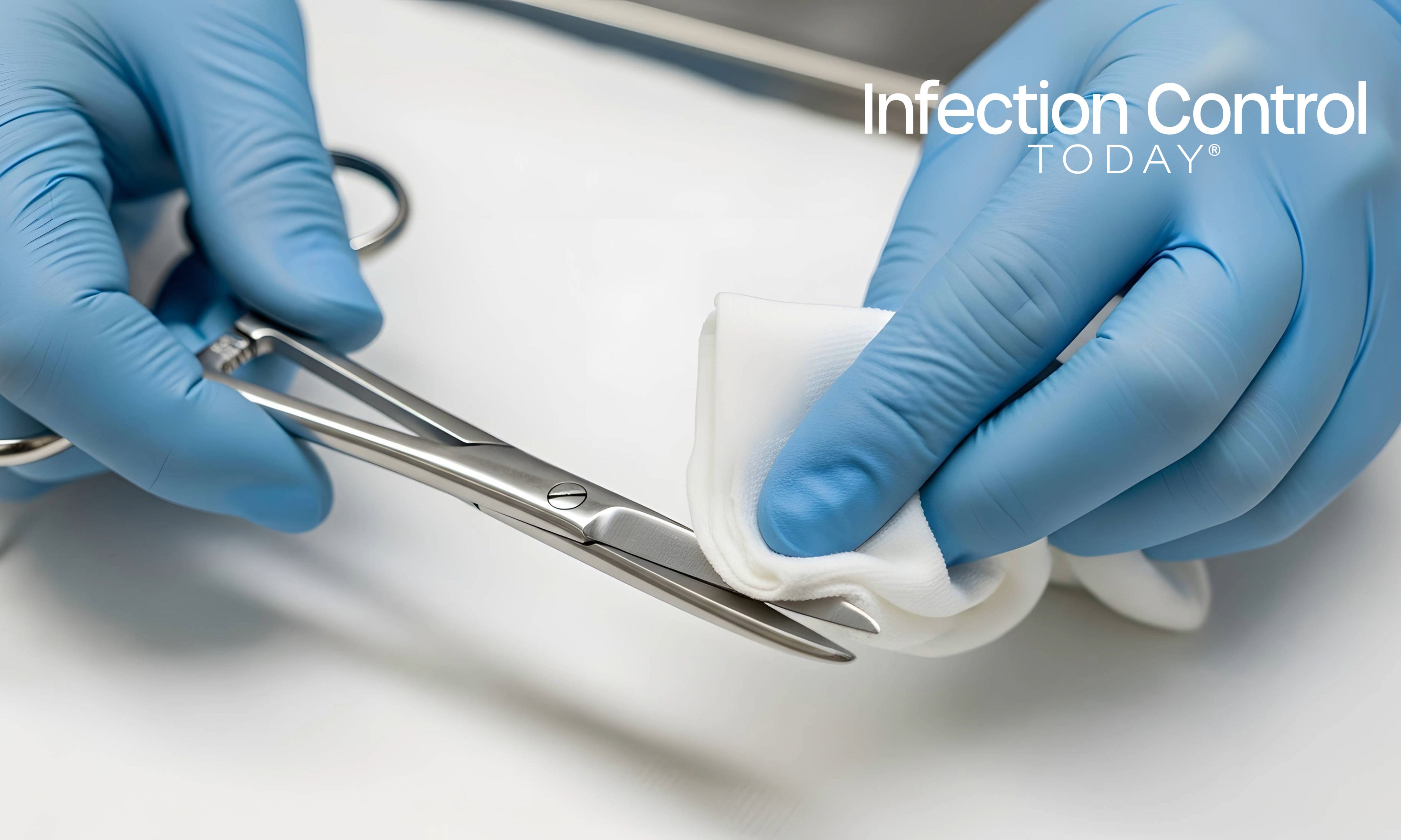 Sterile processing technician in blue gloves, meticulously cleaning and sterilizing a surgical instrument with a sterile wipe. (Adobe Stock 1695944528 by Nurul)