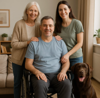 AI-generated image of 2 women friends, a man in a wheelchair, and a brown dog. (ChatGPT AI image)