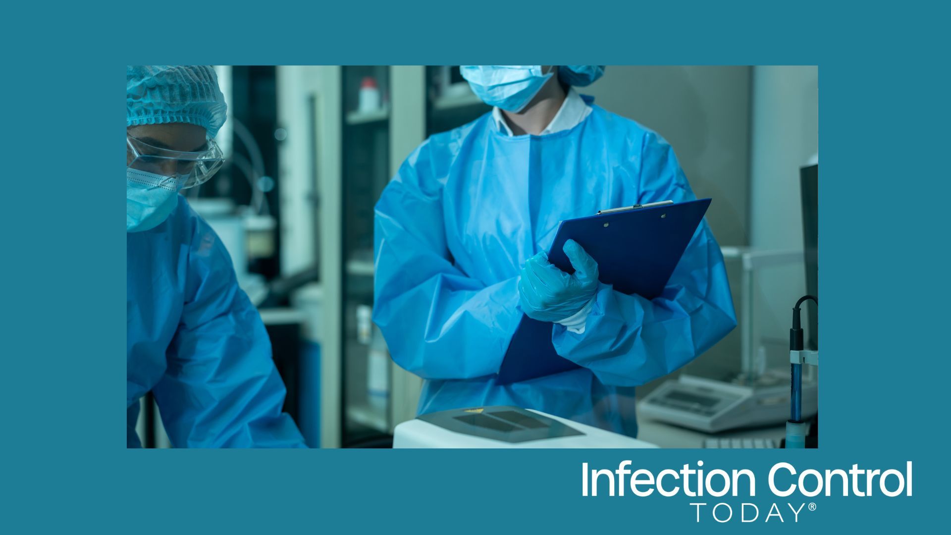 Medical workers in protective gear reviewing notes in a hospital laboratory, showing teamwork, safety, and careful record keeping. (Adobe Stock 2160794513 By NanSan)