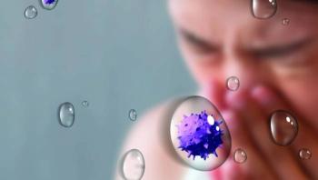 girl sneezing with pictures of pathogens floating around her