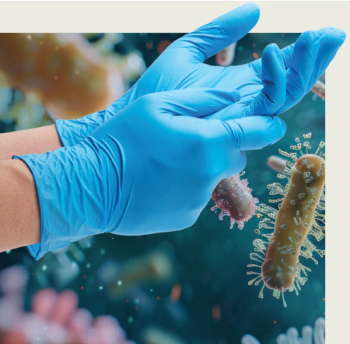 Gloves surrounded by AI images of pathogens  (Adobe Stock) 