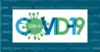 COVID-19 in blue and green with virus symbol  (Adobe Stock 331001452 by Web Buttons Inc)