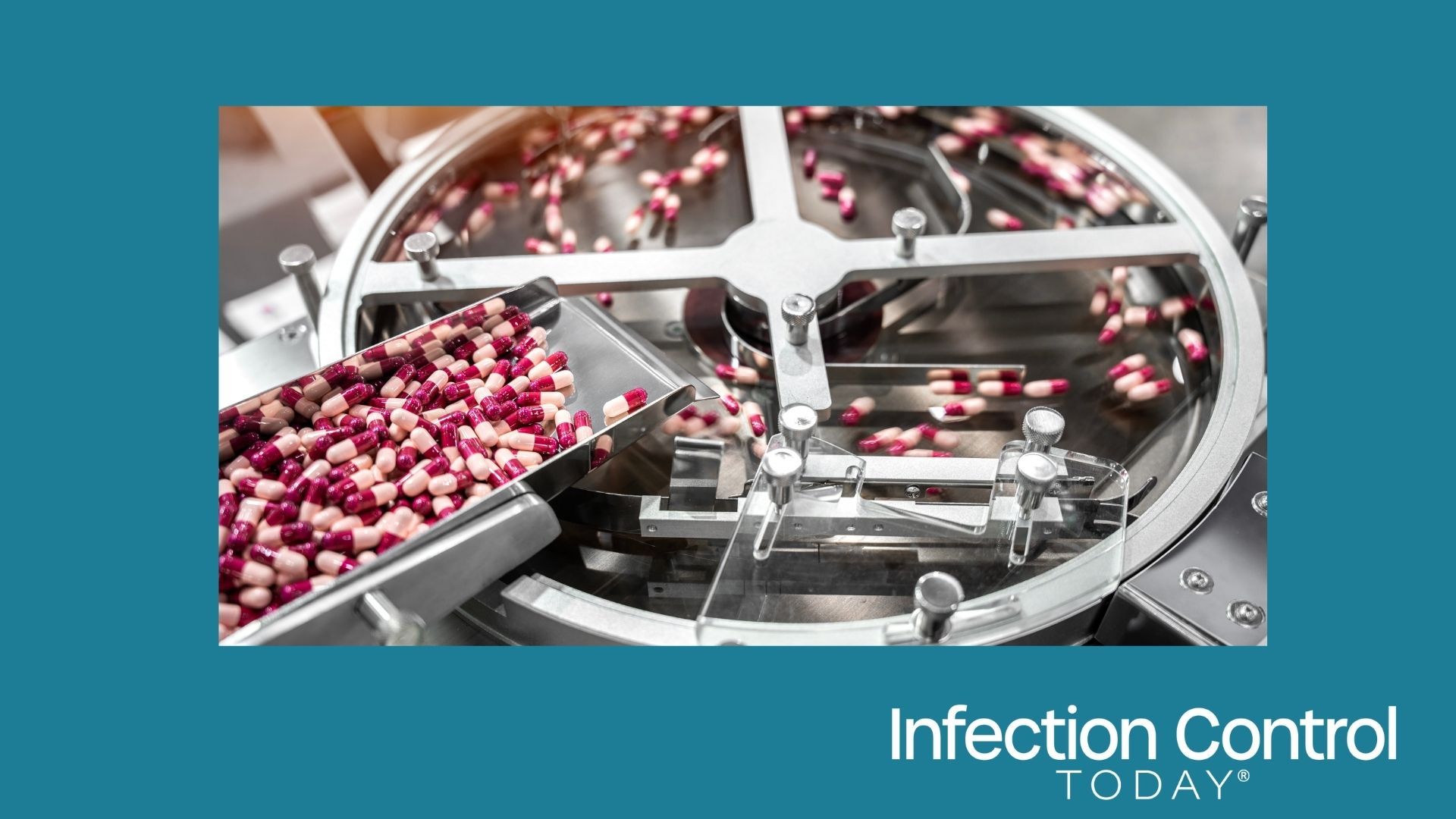 Pink and white capsules pills in the pills packaging machine, pharmacy medicine capsule pill in production line at medical factory.  (Adobe Stock 1607190690 by funfunphoto)