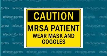 Safety equipment sign and labels: A patient with MRSA wears a mask and goggles. (Adobe Stock 569752761 by Pog)