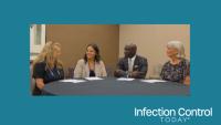Dyan Troxell, MSN, RN, director of clinical education at HandCraft Linen Services; J.J. Odom, MBA, CHESP, CMIP, T-CHEST, university director of buildings and grounds for UConn Health and chair-elect of the AHE Board; and Jenna Rivers, MPH, CPH, CIC, manager of infection prevention and control at Moffitt Cancer Center in Tampa, Florida. 