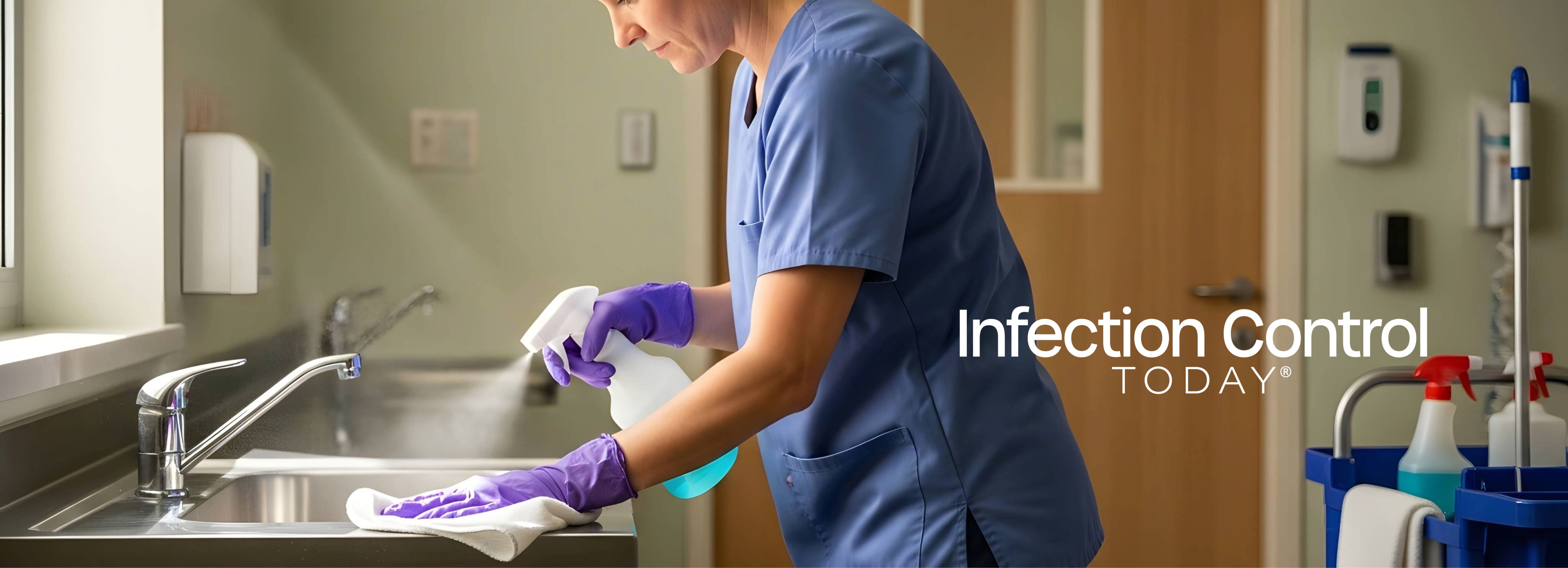 Health care worker disinfecting a stainless steel sink in a medical facility for hygiene (Adobe Stock 1692271572 by Digion)