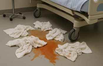 Dirty white towels on the floor used to clean up orange or red liquid. (Image credit AI by Adobe Stock)