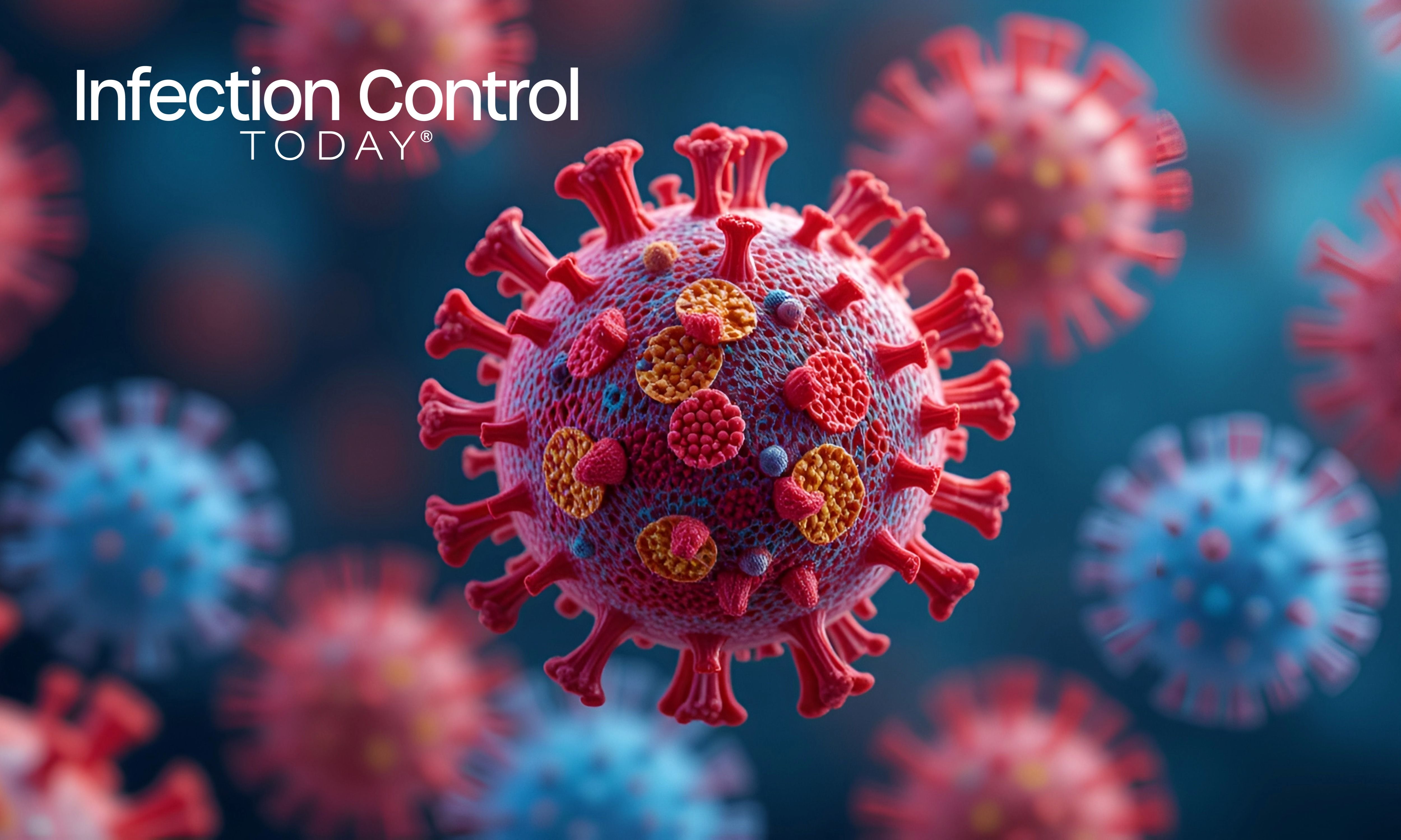 A highly detailed isometric 3D rendering of measles virus particles, displaying their microscopic structure in vibrant colors. (Adobe Stock by Hector 1457574090)
