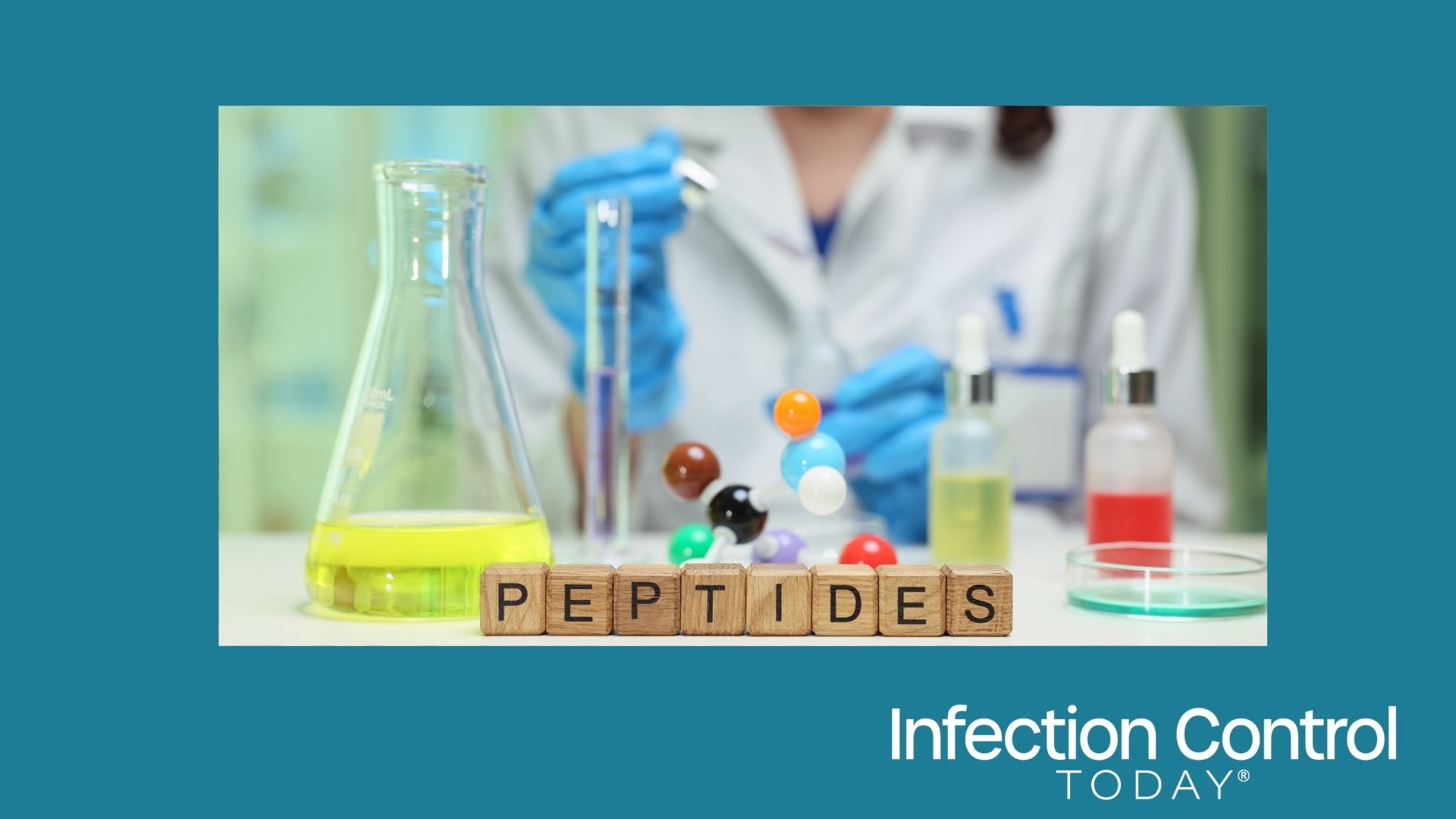 A laboratory setting that showcases extensive peptide research, featuring colorful models and advanced lab equipment  (Adobe Stock 1575751286 By H_Ko)