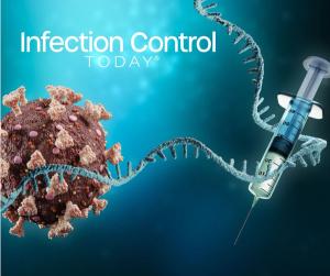 Coronavirus or SARS-CoV-2 virus cell with messenger RNA (mRNA) and syringe on blue background.  (Adobe Stock 404350586 by Matthieu) 