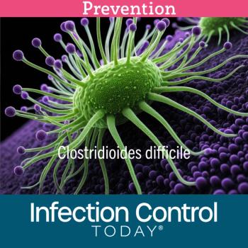 Realistic electron microscopy of Clostridioides difficile, highly detailed rod-shaped structure, spores with textured surfaces, flagella, acid-green and purple hues, contrasting black background.  (Adobe Stock 1318793046 by Waseem by AI)