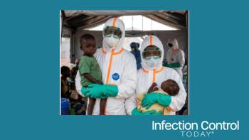 Infection preventionists in full PPE with children in DRC. (Image credit: author with AI)