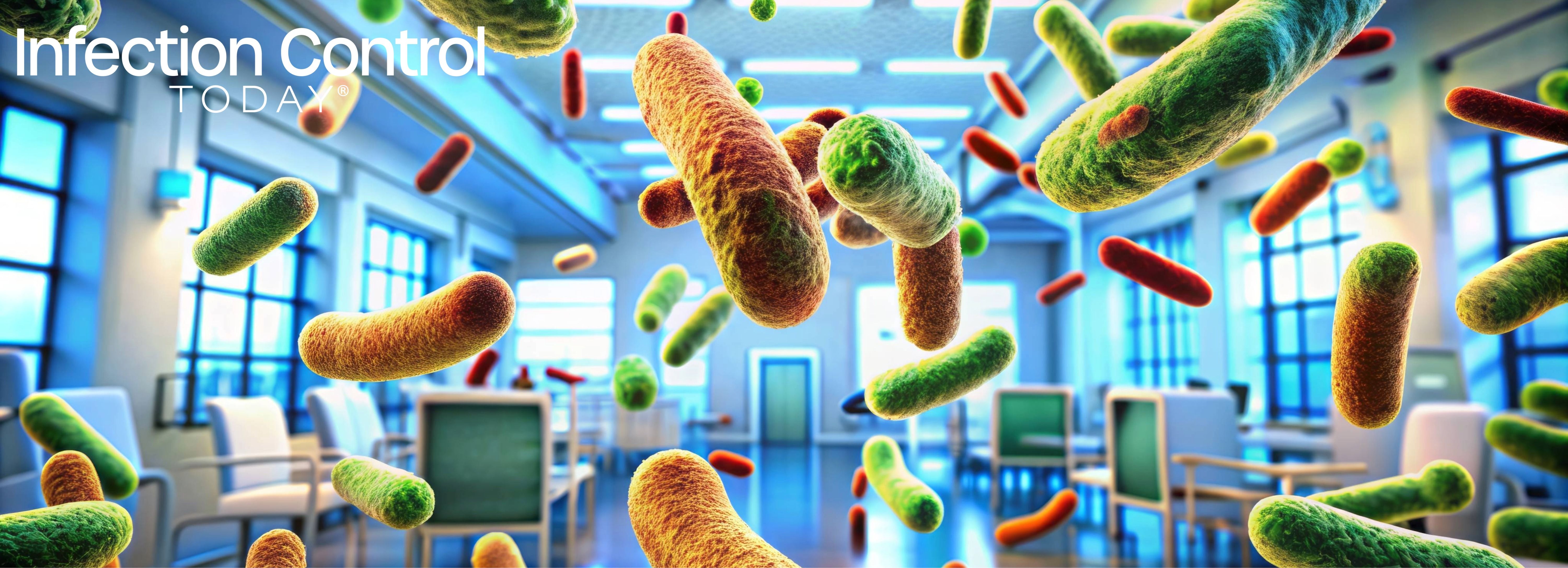 Microscopic view of antibiotic-resistant bacteria and microbes spreading on hospital surfaces. (Adobe Stock 847373415 by Wanlop)