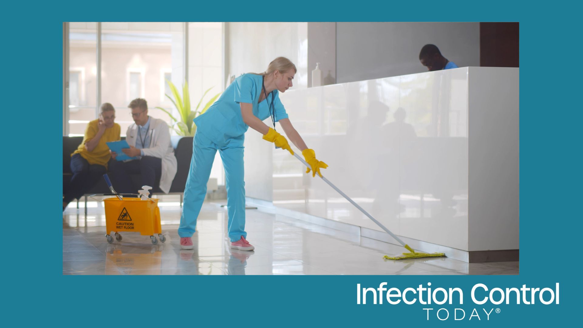 Environmental service professional mopping in a hospital.  (Adobe Stock 436088376 by TommyStockProject)