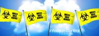 Yellow West Nile Virus flags flying against a blue sky. (Adobe Stock 134944229 by Argus) 