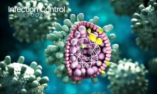 Structural detail of Hepatitis B virus on blue-green background. 3D illustration (Adobe Stock 239268660 by Destina) 