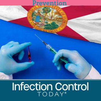 Florida flag with a medical professional holding a vaccination needle and vial.  (Adobe Stock 415710890 by Александр Бердюгин