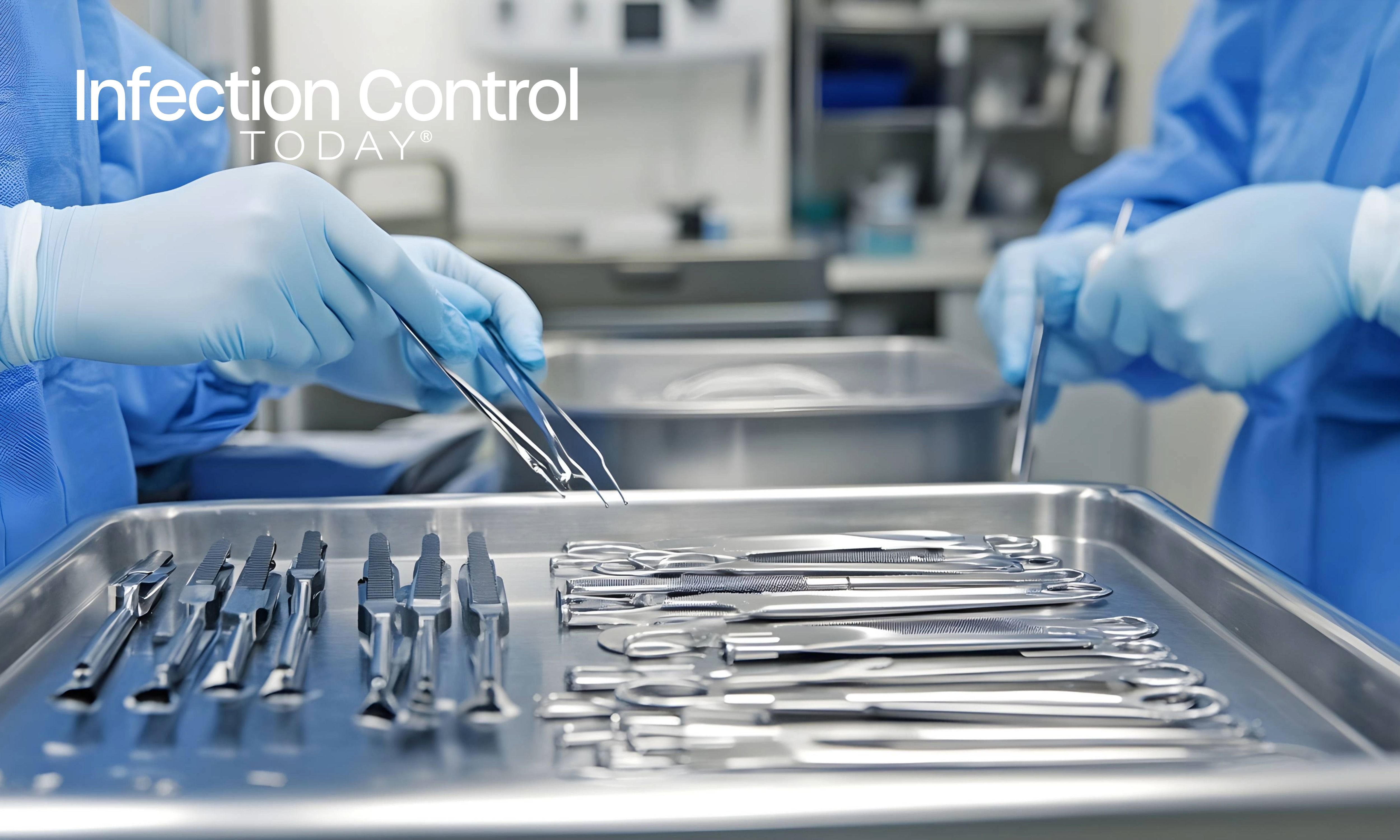 A sterile processing technician organizing surgical instruments on a table in a clean room environment. (Adobe Stock by PondLord 938500017)
