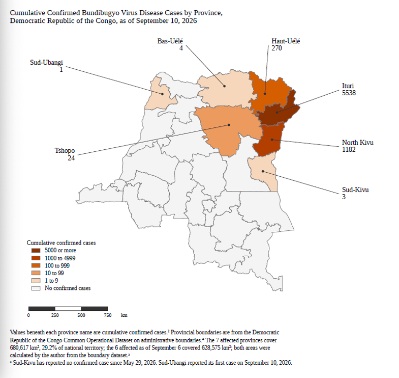 Figure 1. Cumulative Confirmed Bundibugyo Virus Disease Case By Province, DRC, as of September 10, 2026
