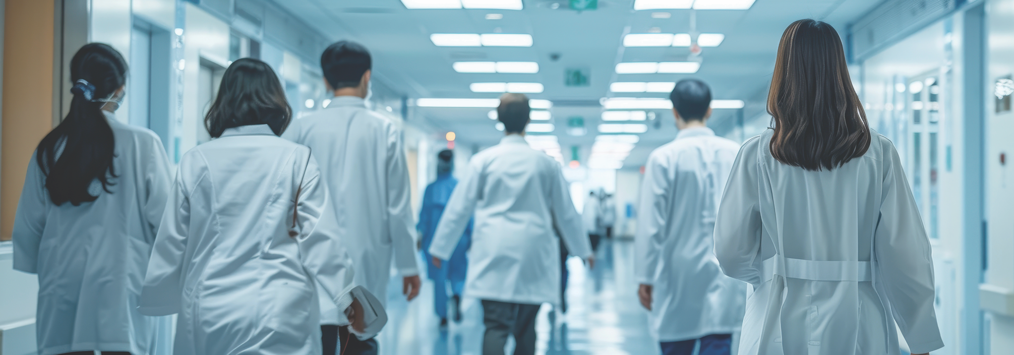 A group of people wearing white coats is walking down a hallway.   (Adobe Stock Media Srock 90428792)