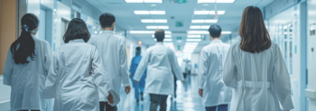 A group of people wearing white coats is walking down a hallway.   (Adobe Stock Media Srock 90428792)