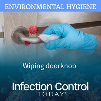 Environmental hygiene professional wiping doorknob with an antibacterial disinfecting wipe.  (Adobe Stock 335076729 by Shi)