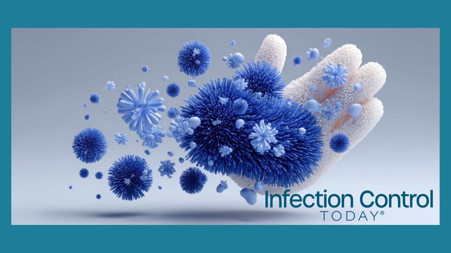 Blue virus germs or bacteria and hands, promoting health and hygiene. (Adobe Stock 1989272817 pornsawan)