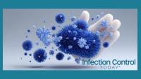 Blue virus germs or bacteria and hands, promoting health and hygiene. (Adobe Stock 1989272817 pornsawan)