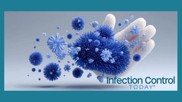 Blue virus germs or bacteria and hands, promoting health and hygiene. (Adobe Stock 1989272817 pornsawan)