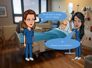 An emojitoon about changing the IV because no one labeled it. 