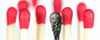 Burnout.  A picture of burning matches and one black, completely burned out. 