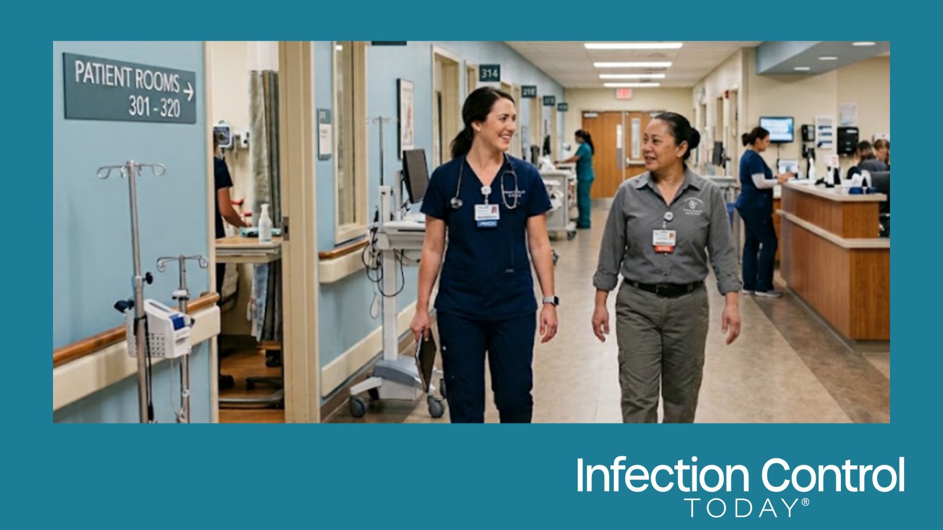 A nurse and an EVS professional walk down a hospital hallway. (Image credit: Brenna Doran with AI)