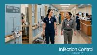 A nurse and an EVS professional walk down a hospital hallway. (Image credit: Brenna Doran with AI)