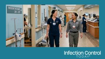 A nurse and an EVS professional walk down a hospital hallway. (Image credit: Brenna Doran with AI)