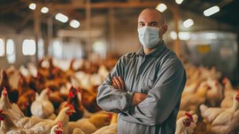 Bird flu virus outbreak, avian influenza, farmer with chicken.  (Adobe Stock 830193791 by Berit Kessler) 