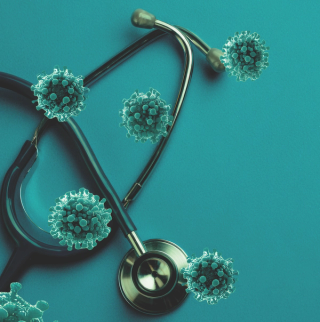 Stethoscopes with imaged pathogens. (Adobe Stock unknown)