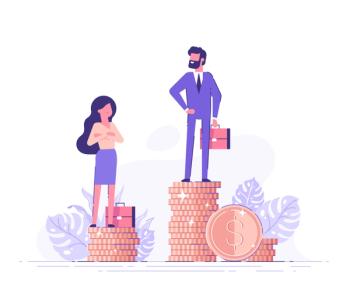 a man standing on higher stack of coins than a woman