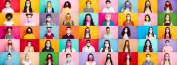 covid. masks in many colors worn by a diverse group of people