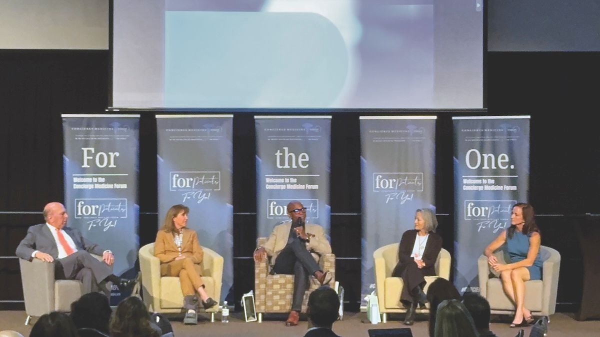 A panel of Terry Bauer, CEO of Specialdocs, Amy Mininberg, MD, Marc Harrigan, MD, Dara Lee Lewis, MD, and Carrie Cardenas, MD, on day one of the 2024 Concierge Medicine Forum in Atlanta, Georgia.