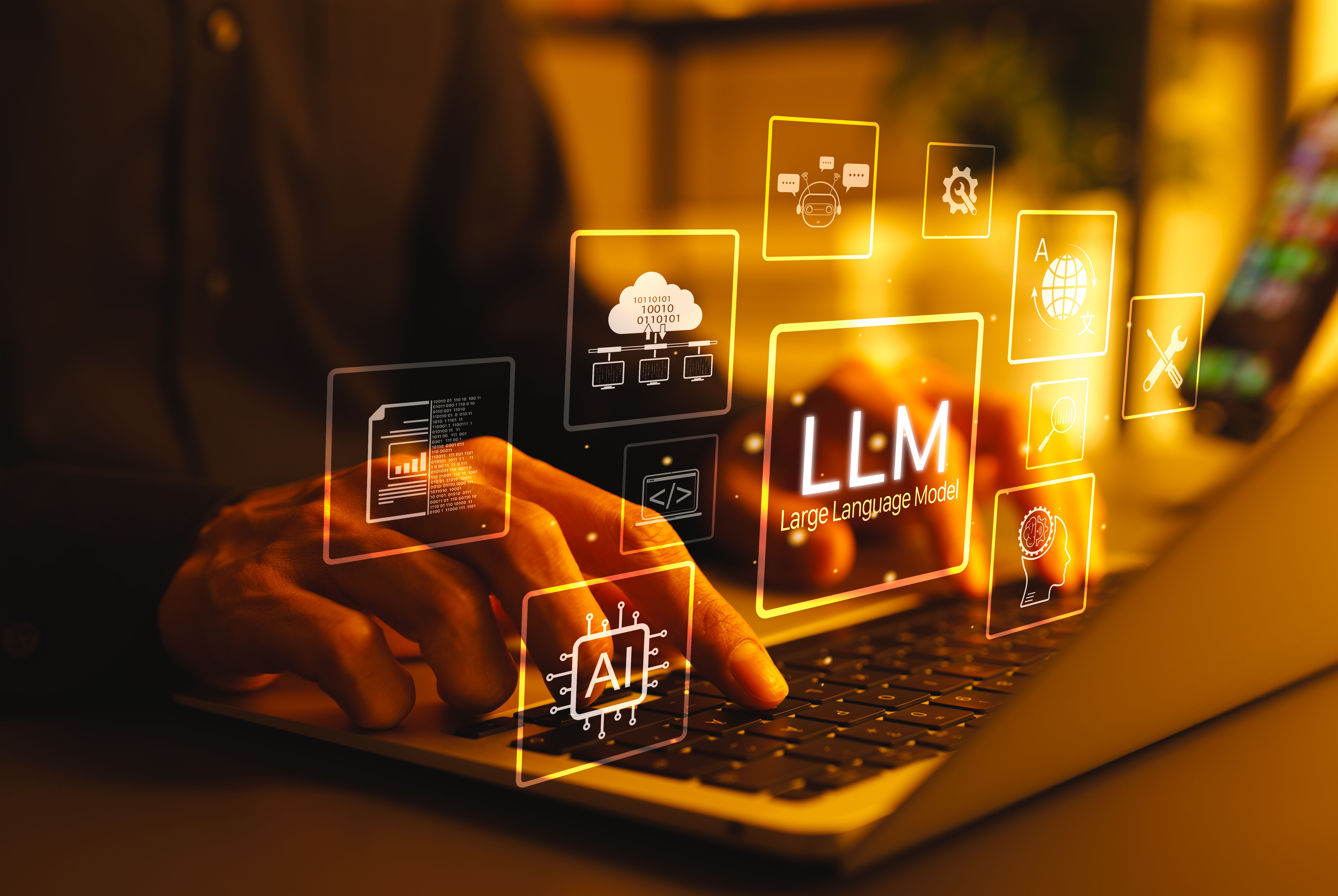 hands on a keyboard with large language models floating, all in yellowish hue | ©Supatman stock.adobe.com