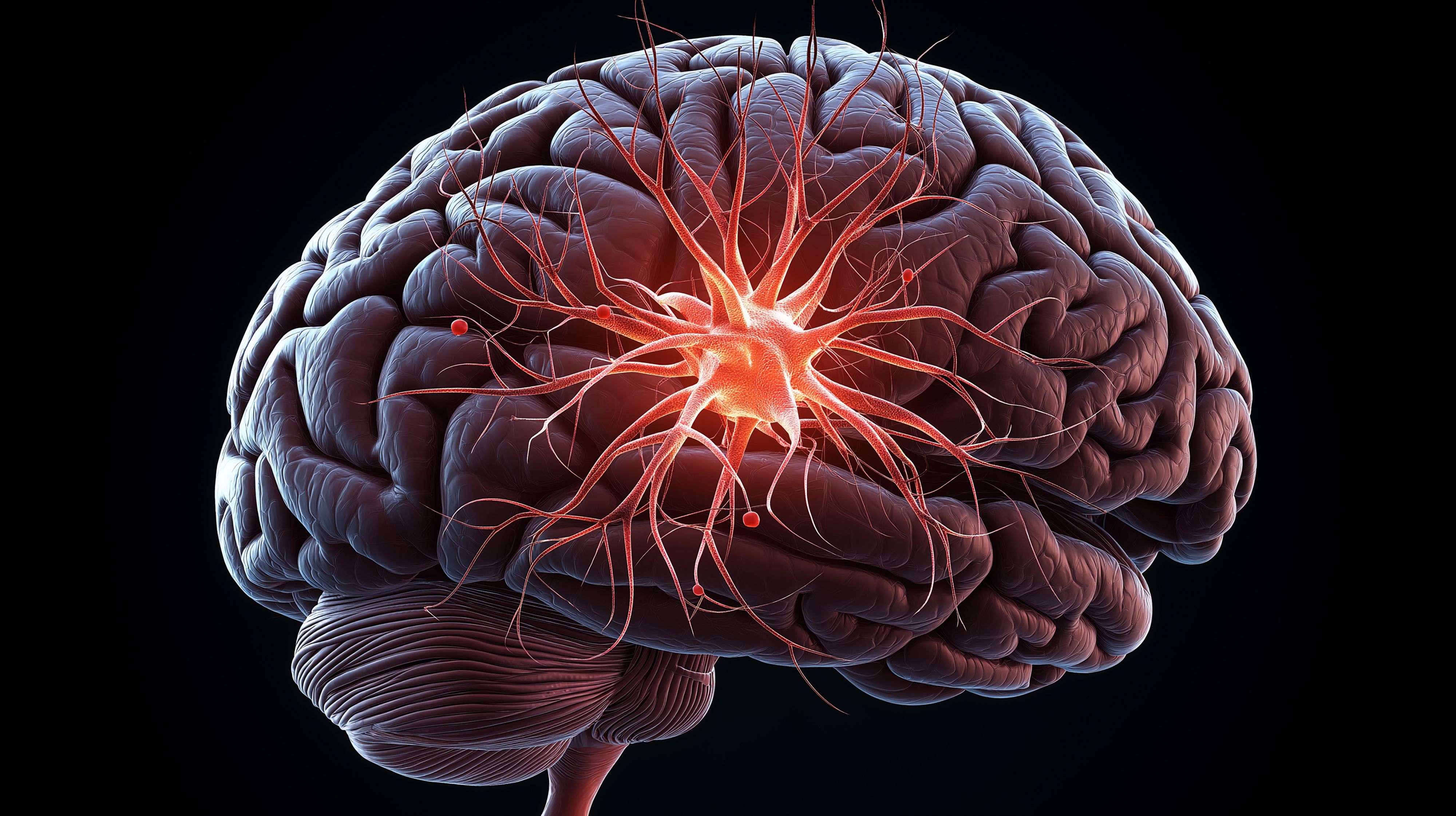 Side view of brain with orangish tentacled image in center representing tumor | @kaliel stock.adobe.com